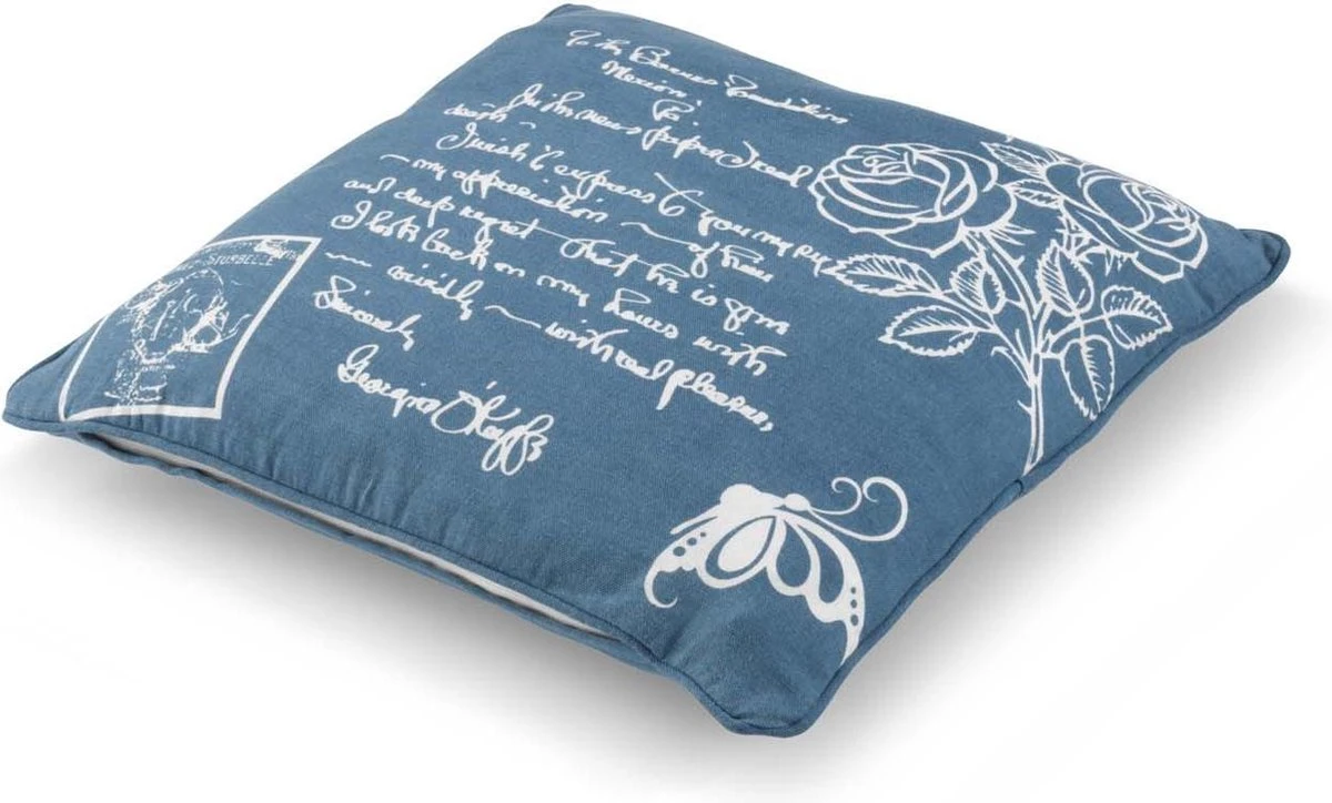 ROOS - Sierkussen Katoen 45x45 Cm - Blauw - Wit - Rozen En Tekst - Inclusief Binnenkussen 5 ROOS - Sierkussen Katoen 45x45 Cm - Blauw - Wit - Rozen En Tekst - Inclusief Binnenkussen - Afbeelding 3